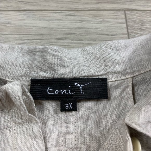 Toni T. 3X Plus 100% Linen Button Front Cream Blouse Lagenlook - Picture 3 of 10